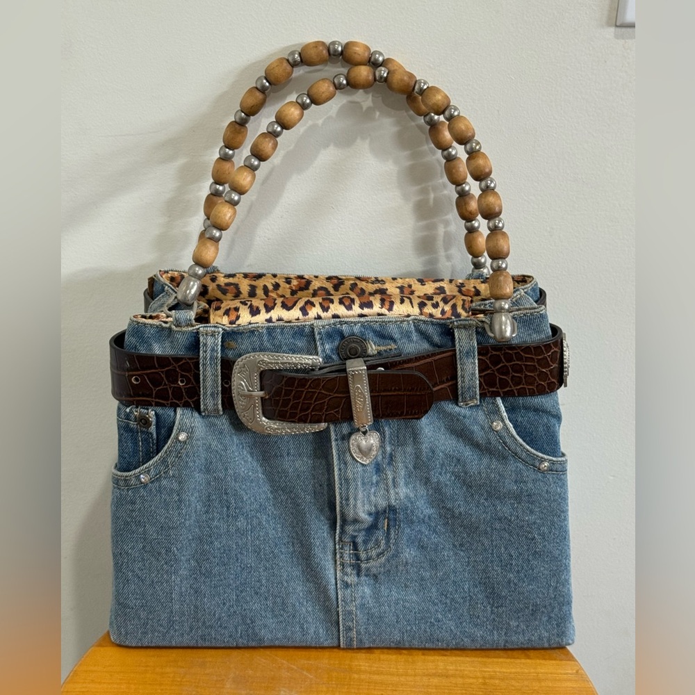 Vtg Just USA Blue Denim Jeans Handbag Silver Belt Buckle Beaded Handles Y2K